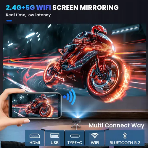 Vista 4 de Mini proyector portátil con altavoz de batería recargable y tirpod, proyector pico de 1080P (entrada 4K), sistema de transmisión integrado