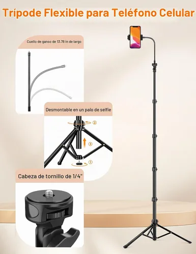 Vista 6 de Soporte de trípode para teléfono, trípode flexible de 84 pulgadas de alto para iPhone con cuello de cisne remoto