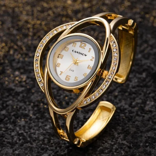 Vista 2 de CdyBox Reloj de pulsera de diamantes para mujer, elegante reloj de pulsera de cuarzo con hebilla abierta y correa de acero, Oro, Moderno