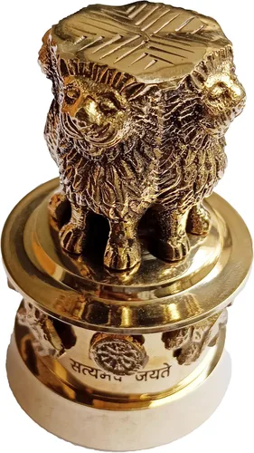 Vista 3 de PARIJAT HANDICRAFT Columna de estambh de latón Ashoka emblema de bandera nacional de cuatro leones satyamev jayete adornado escritorio papel