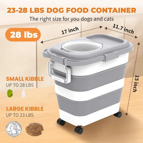 Vista 2 de HOYTAMDAR Recipiente para almacenamiento de alimentos para perros de 25-28 libras, recipiente plegable para alimentos de perro, ruedas, asa