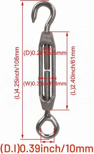 Vista 4 de M4, Tensor de cable de acero, gancho y ojo, acero inoxidable 304, paquete de 5