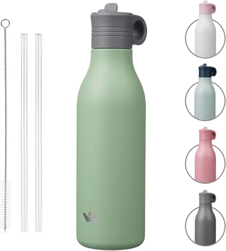 Vista 26 de Konokyo Botella de agua de acero inoxidable de 12 onzas con popote, botella de agua de viaje de metal aislada, reutilizable y a prueba de fugas, sin