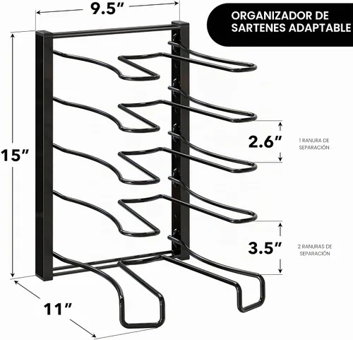 Vista 2 de SIMPLE HOUSEWARE Organizador de sartenes de altura ajustable con 5 compartimentos, color negro