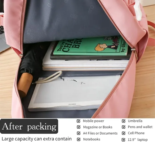 Vista 4 de Mochila Kawaii con bonitos accesorios de 15.6 pulgadas, bolsa de muñeca de oso estética, antirrobo, viaje, nuevo semestre, regalos, Rosado, Moderno