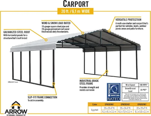 Vista 9 de Cochera de Arrow de acero galvanizado, kit de cochera metálica para dos autos, 20' x 24' x 7', color cáscara de huevo Eggshell
