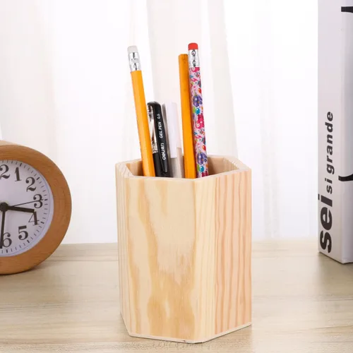 Vista 3 de Contenedor de almacenamiento de madera para bolígrafos y cepillos, organizador de tubo hexagonal, maceta sólida para oficina en casa para pintura
