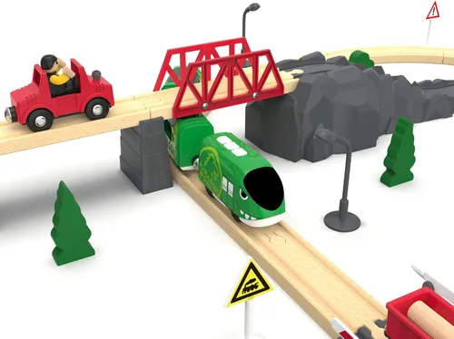 Vista 8 de Juego de tren de juguete para pistas de madera, tren a pilas para niños pequeños, tren motorizado con tren de dinosaurio para niños, juguete de tren