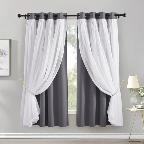 Vista 18 de PONY DANCE Cortinas Opacas con Superposición de Gasa, Cortinas de Doble Capa con Aislamiento Térmico Mix & Match para Oscurecer Habitaciones
