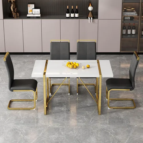 Vista 31 de Mesa de comedor Ebullient para 4, mesa de comedor rectangular negra de MDF, tapa de mesa de cena de mármol falso, mesa de comedor moderna con marco