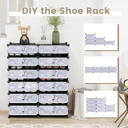Vista 5 de COSTWAY Organizador de zapatos, estantes de zapatos de 6 niveles con cubiertas, diseño de bricolaje, 24 pares de cajas organizadoras de cubos Negro