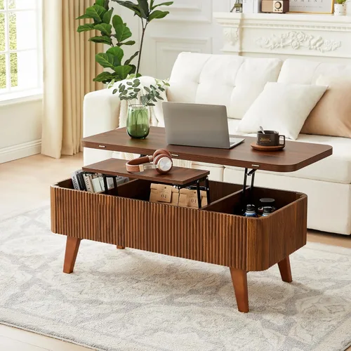 Vista 7 de Mesa de centro elevable 3 en 1, mesas de centro convertibles acanaladas que se convierten en mesas de comedor, moderna mesa central de madera Nuez 3