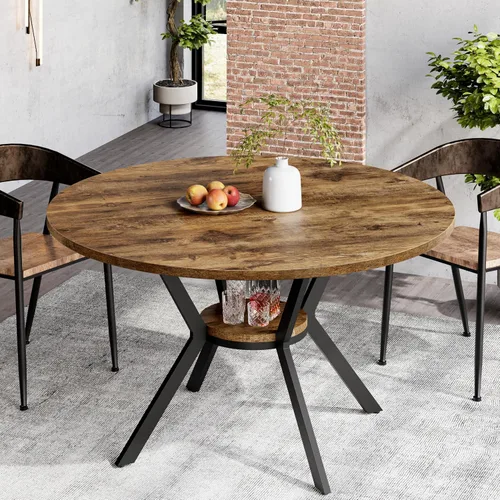 Vista 21 de MECHYIN Mesa de comedor redonda de 42 pulgadas para 2 a 4, mesa de cocina redonda de granja con estante de almacenamiento, mesa de comedor