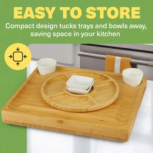 Vista 7 de Dynamic Gear Tabla de charcutería con cajones extraíbles, juego de tablas de queso de bambú expandible con utensilios, cuencos, bandejas