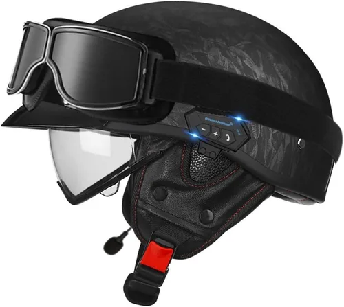 Vista 21 de Casco de cara abierta con Bluetooth para hombres y mujeres, casco retro de estilo alemán con diseño de calavera, visera con gafas, casco de media