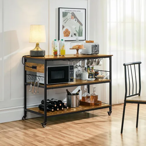 Vista 10 de Yaheetech - Carrito de isla de cocina con toma de corriente, 3 estantes, color marrón rústico 40 Inches Rolling Kitchen Island With Storage,3-Tier