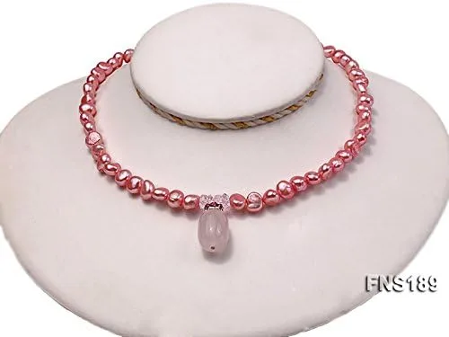 Vista 4 de JYX - Collar con colgante de perlas de 6 a 0.276in, perlas barrocas rosas y cuarzo rosa, 16.5in