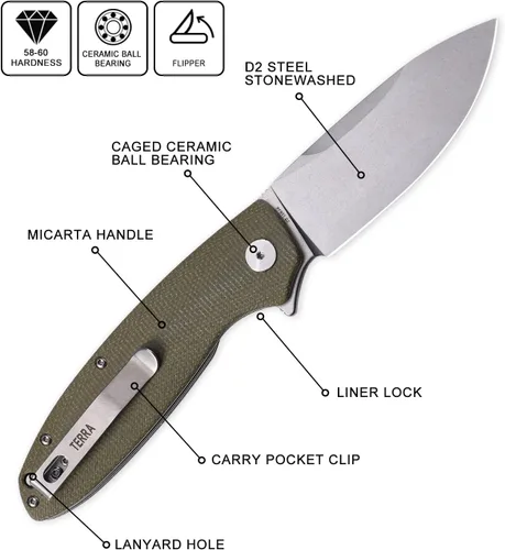 Vista 2 de Petrified fish PFB01 Terra,3.54" D2 Hoja de acero, Micarta Handle Flipper Liner lock Cuchillo plegable (verde)