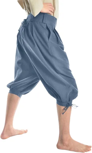 Vista 3 de Gafeng Pantalones piratas medievales para hombre, disfraz de caballero vikingo renacentista, con cordones, pantalones cortos LARP para Halloween