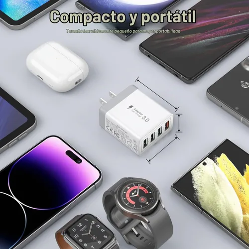 Vista 6 de Cargador USB, Bloque de Carga de Pared USBA de 4 Puertos, Adaptador de Enchufe de Carga Rápida QC 3.0 Compatible con iPhone 12/13/14/15/XS/XS 1