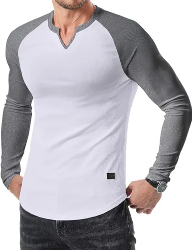 Vista 32 de JMIERR Camisetas de manga larga para hombre, estilo casual, cuello en V Negro+Blanco