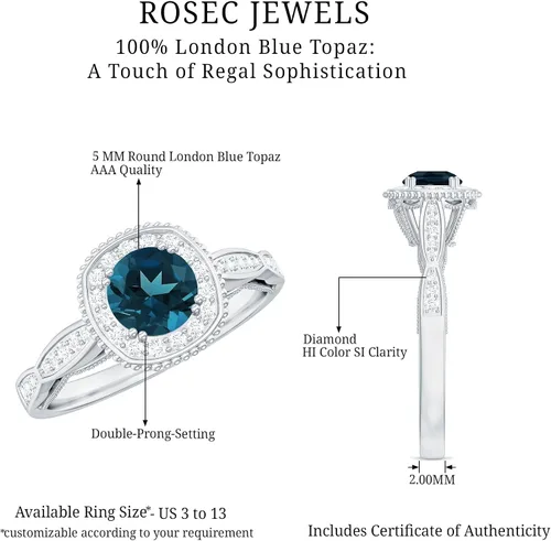 Vista 6 de Anillo de compromiso con halo de diamantes de topacio azul londinense certificado, calidad AAA, anillo de diamantes de topacio azul natural