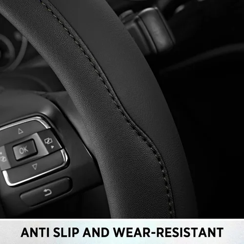 Vista 7 de Road Comforts Funda para volante, de piel antideslizante y transpirable, ajuste universal de 14.5 a 15 pulgadas, agarre cómodo, color negro