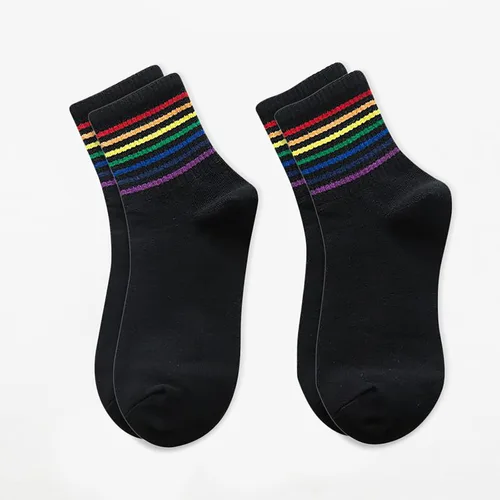 Vista 2 de 2 pares de calcetines para mujer, calcetines de algodón con rayas arcoíris a media pantorrilla, calcetines antideslizantes al tobillo para deportes