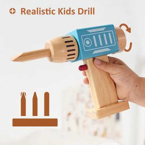 Vista 5 de PairPear Juego de herramientas para niños, caja de herramientas de juguete de madera con taladro de juguete, kit de herramientas de madera