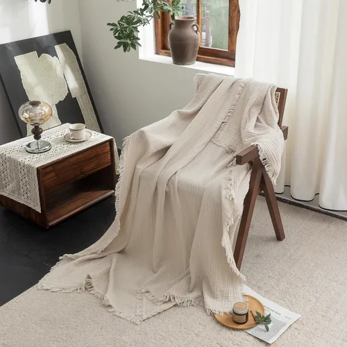 Vista 8 de FOSSA Manta de Muselina con Flecos - Gasa de Algodón 100% de 4 Capas Súper Suave y Transpirable - Manta Decorativa Ligera y Refrescante para Cama