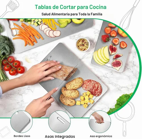 Vista 6 de Juego de 3 tablas de cortar de titanio 100% puro para cocina, tablas de cortar de titanio de doble cara, áreas separadas de alimentos crudos