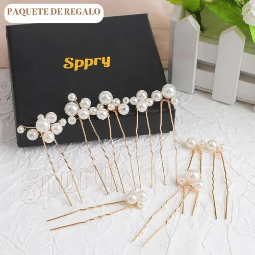 Vista 6 de Juego de 9 horquillas de boda con perlas en forma de U para mujeres Dorado