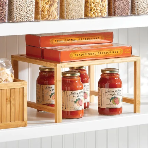Vista 2 de mDesign Estante de almacenamiento apilable de madera, organizador de alimentos y cocina para gabinetes, estantes de despensa, encimera, gabinete