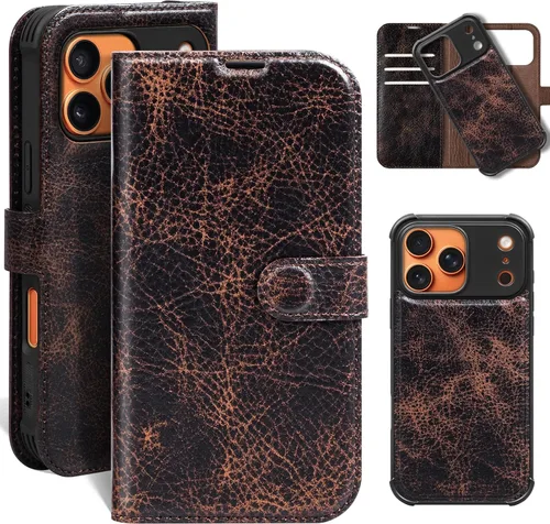 Vista 37 de Funda de cuero compatible con iPhone 16 Pro Max Cartera 6.9", cuero genuino 2 en 1, magnética, desmontable, a prueba de golpes, funda tipo folio