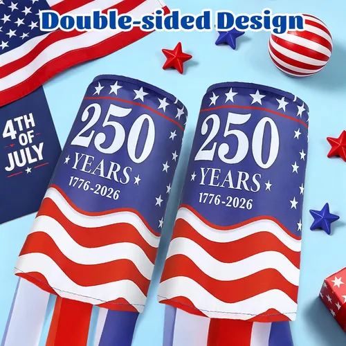 Vista 5 de 2Pcs 250 Years American Windsocks Decorations, Double Sided Red White Blue 250th Anniversary 1776-2026 WindSock for 4th July Memorial Day Patriotic