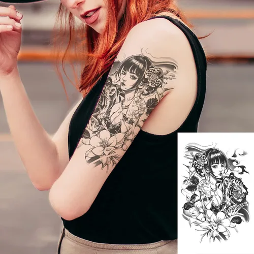 Vista 2 de 6 hojas de brazo falso impermeable cuerpo arte temporal tatuajes pegatinas negro japonés geisha samurai mujeres flor loto