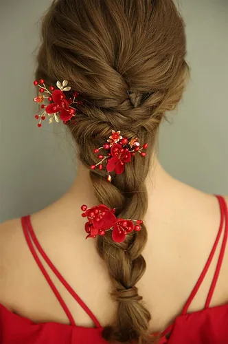 Vista 4 de Accesorio para el pelo de novia, peine de flores rojas con diamantes de imitación y perlas para mujeres, novia, graduación, fiesta, noche