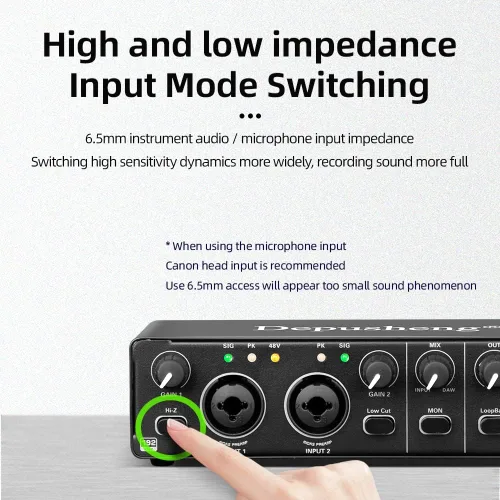 Vista 2 de Depusheng RX2 interfaz de audio USB tarjeta de sonido de grabación de computadora, interfaz de audio de estudio en casa, puede conectar micrófono