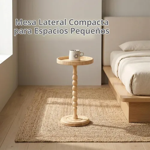 Vista 5 de Mesa pequeña para bebidas, mesa auxiliar redonda de ratán para espacios pequeños, mesa auxiliar bohemia con patas de madera maciza para sala