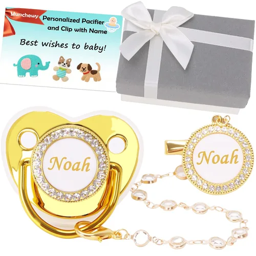 Vista 8 de Chupete personalizado con nombre, juego de clip para chupete dorado brillante con caja de regalo, tarjeta de felicitación, lujoso chupete de cristal