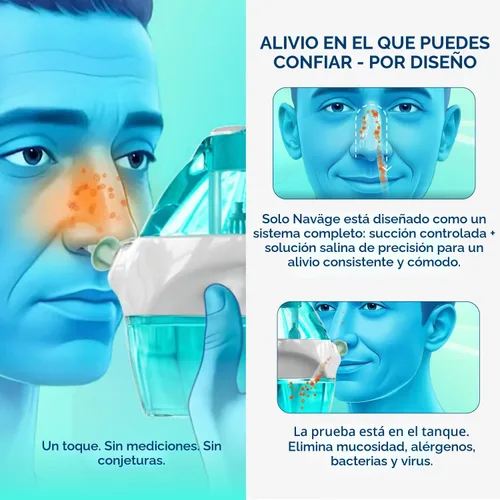 Vista 6 de Navage Paquete Multiusuario - Sistema de Irrigación Navage - Kit de Enjuague Nasal Salino con 1 Limpiador Nasal, 30 Cápsulas de Sal, y Base Nasal