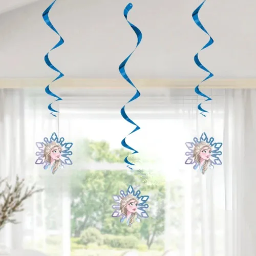 Vista 4 de Deslumbrante decoración de remolinos colgantes de Frozen 2 de Disney, 26 pulgadas (paquete de 3), encantador patrón de Elsa y Anna, perfecto