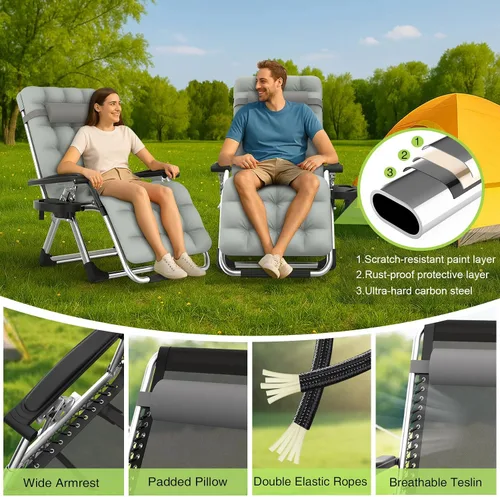 Vista 6 de Suteck Silla de Gravedad Cero, Silla de Camping Reclinable con Cojín Removible, Bloqueo Mejorado y Portavasos, Sillas Reclinables de Patio Plegables