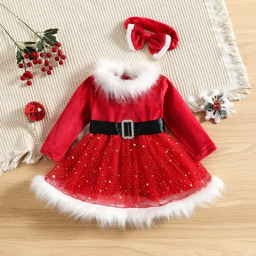 Vista 2 de Vestido de Papá Noel para bebé, vestido de Navidad rojo, disfraz de señora Claus para niñas, vestido de fiesta de Navidad de franela de manga larga