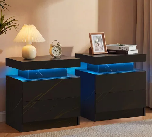 Vista 16 de Generic Juego de 2 Mesitas de noche con 2 cajones, mesa de noche con cajones para muebles de dormitorio, mesa auxiliar con luz LED, color negro