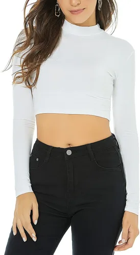 Vista 5 de LONGBIDA Camiseta corta de manga larga con cuello alto falso para mujer, suave, delgada, sexy, elástica
