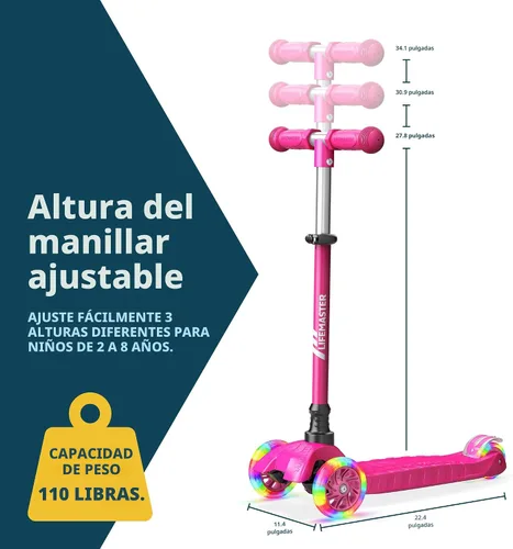 Vista 7 de Lifemaster Mini scooter de 3 ruedas para niños con luces de rueda multicolor – Manillar ajustable de 4 alturas, cubierta ancha antideslizante Rosa