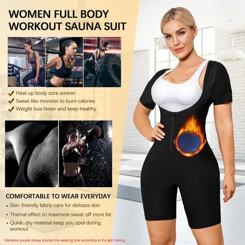 Vista 5 de Traje de sauna para mujer, entrenamiento de cintura de cuerpo completo, traje de sudor de manga corta con pantalones cortos moldeador de cuerpo