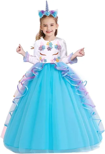 Vista 9 de Vestido de princesa de tul para niñas, disfraz de unicornio de manga larga, fiesta de cumpleaños, boda, Navidad, Halloween con diadema # Multicolor
