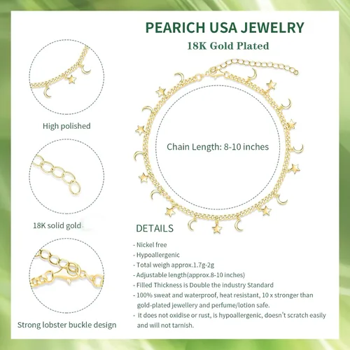 Vista 2 de Tobillera de oro para mujer, chapada en oro de 18 quilates, cadena de la suerte con estrella de la suerte para mujer, tobillera impermeable